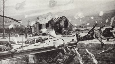 Lance-Corporal Charles Jarvis blowing up the bridge at Jemappes, Belgium, 23 August, 1914 by Richard Caton Woodville junior